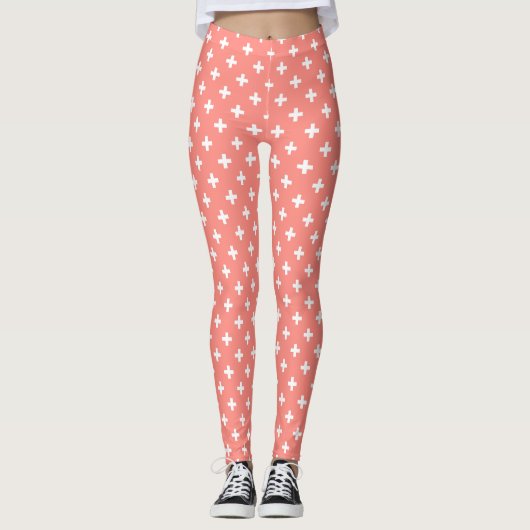 Witte polka kruist op perziken leggings (Voorkant)