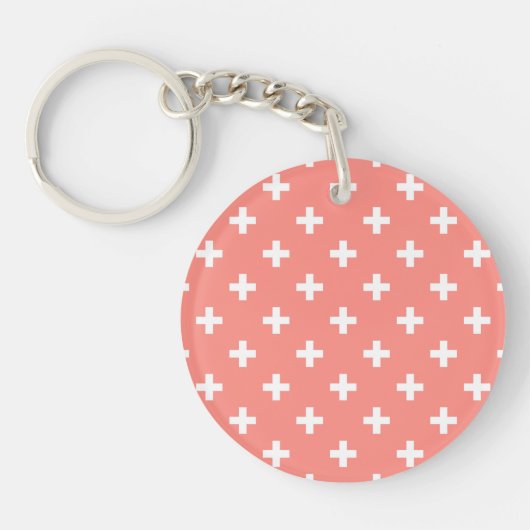 Witte polka kruist op perziken sleutelhanger (Voorkant)
