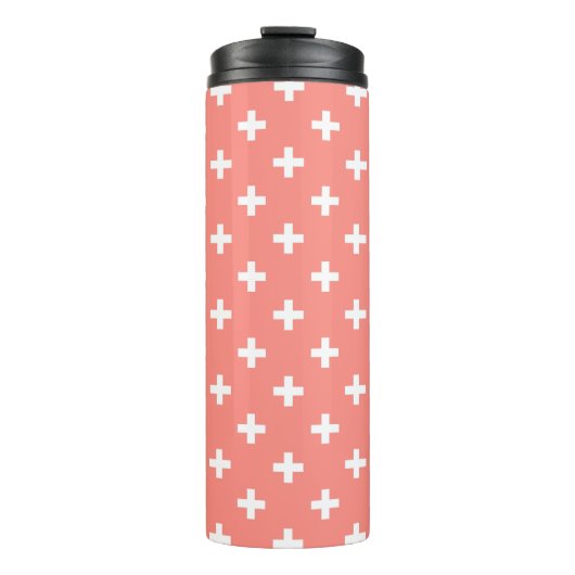 Witte polka kruist op perziken thermosbeker (Voorkant)