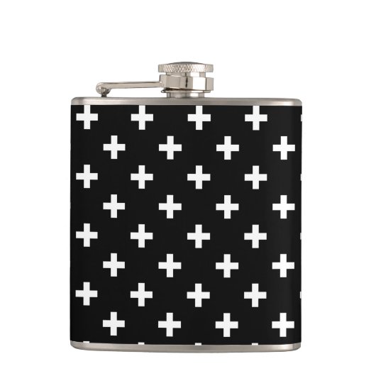 Witte polka kruist zwart heupfles (Voorkant)
