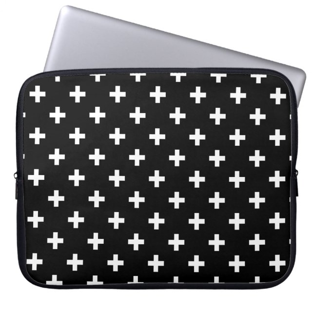 Witte polka kruist zwart laptop sleeve (Voorkant)