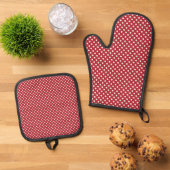 Witte polka stip op rood ovenwant & pannenlap set (Top down)