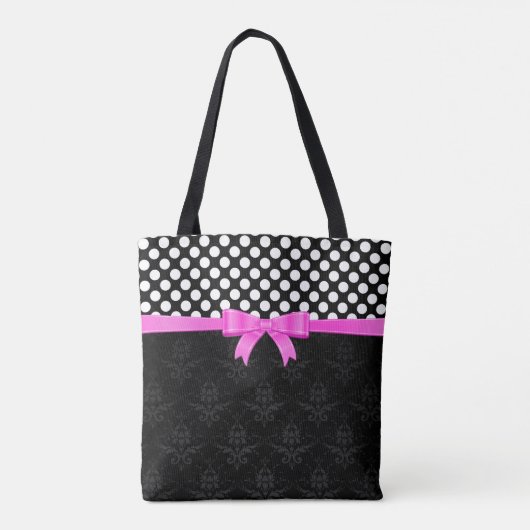 Witte polka stippen en zwart leer kijken tote bag (Achterkant)