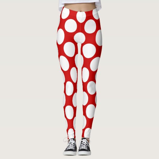 Witte polka stippen groot op een rode achtergrond leggings (Voorkant)