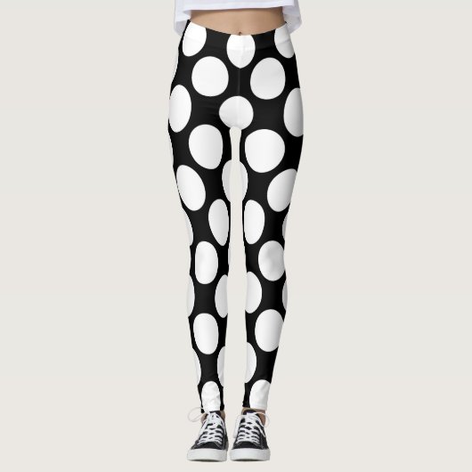 Witte polka-stippen groot op zwart leggings (Voorkant)