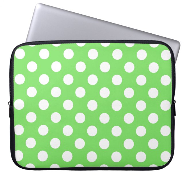Witte polka stippen op appelgroen laptop sleeve (Voorkant)