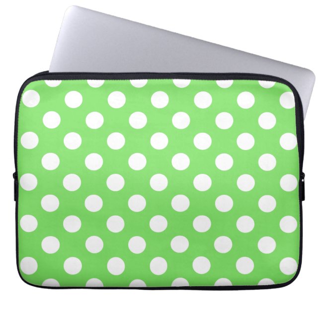 Witte polka stippen op appelgroen laptop sleeve (Voorkant)