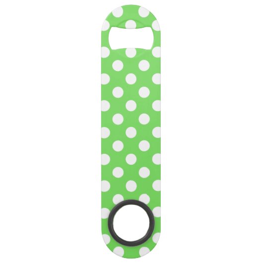 Witte polka stippen op appelgroen speed flessenopener (Voorkant)