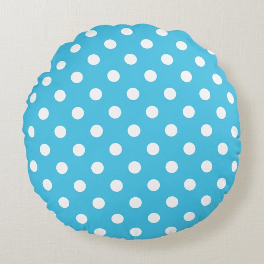 Witte polka stippen op aquablauwe ronde kussen (Voorkant)