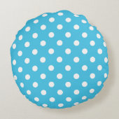 Witte polka stippen op aquablauwe ronde kussen (Achterkant)