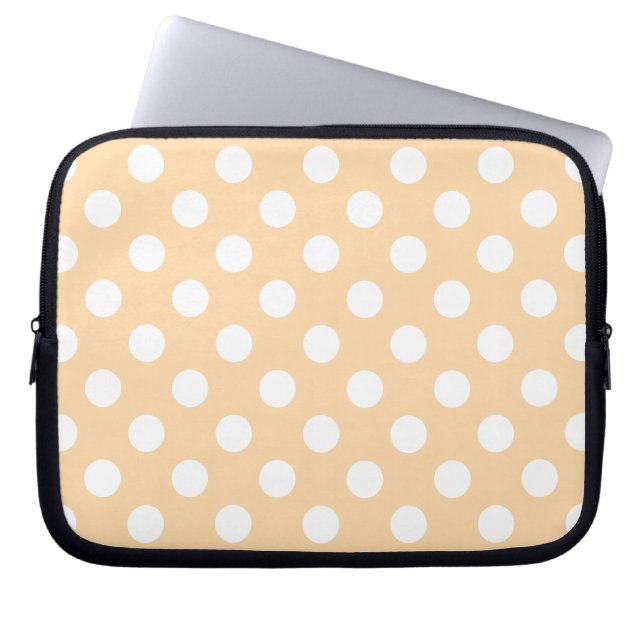 Witte polka-stippen op beige laptop sleeve (Voorkant)