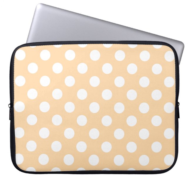 Witte polka-stippen op beige laptop sleeve (Voorkant)