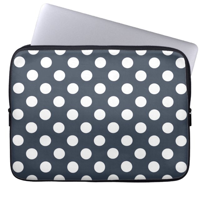 Witte polka-stippen op blauw-grijs laptop sleeve (Voorkant)