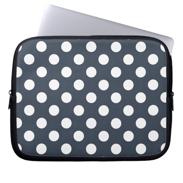 Witte polka-stippen op blauw-grijs laptop sleeve (Voorkant)
