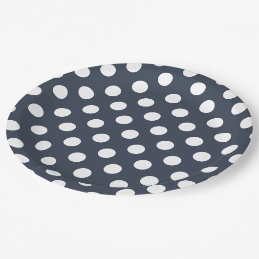 Witte polka-stippen op blauw-grijs papieren bordje (Gekanteld)