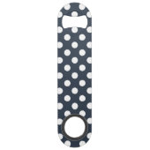 Witte polka-stippen op blauw-grijs speed flessenopener (Achterkant)