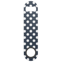 Witte polka-stippen op blauw-grijs speed flessenopener