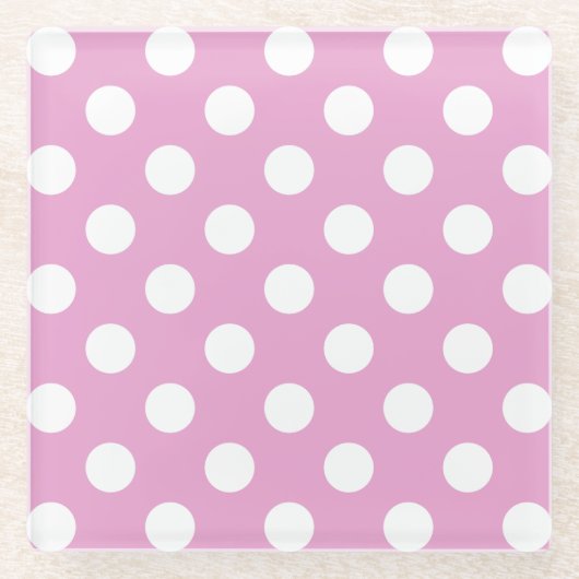 Witte polka stippen op bleek roze glazen onderzetter (Voorkant)