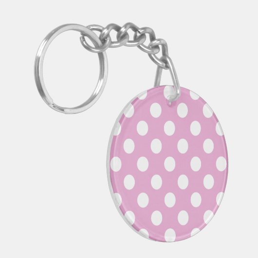 Witte polka stippen op bleek roze sleutelhanger (Voorkant Links)