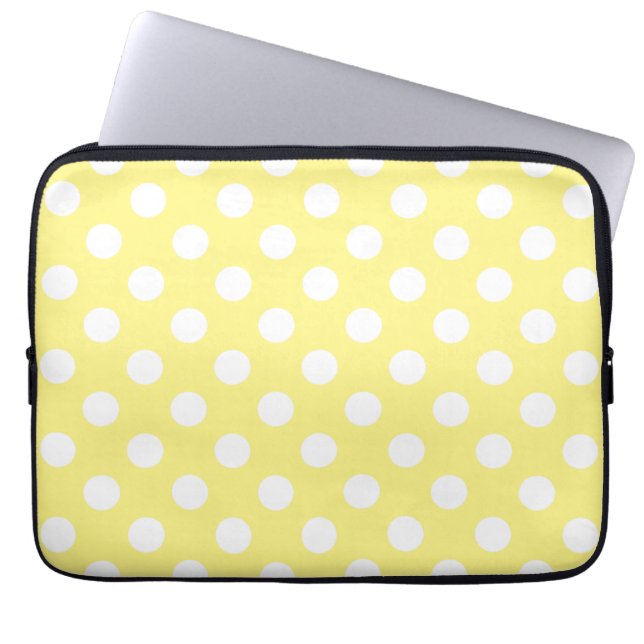 Witte polka stippen op citroengeel laptop sleeve (Voorkant)