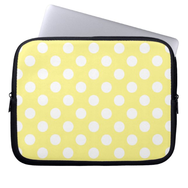 Witte polka stippen op citroengeel laptop sleeve (Voorkant)