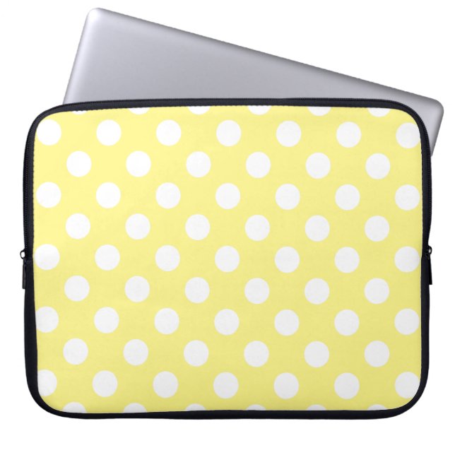 Witte polka stippen op citroengeel laptop sleeve (Voorkant)