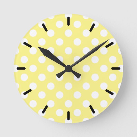 Witte polka stippen op citroengeel ronde klok (Voorkant)