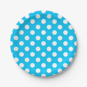 Witte polka stippen op elektrisch blauw papieren bordje