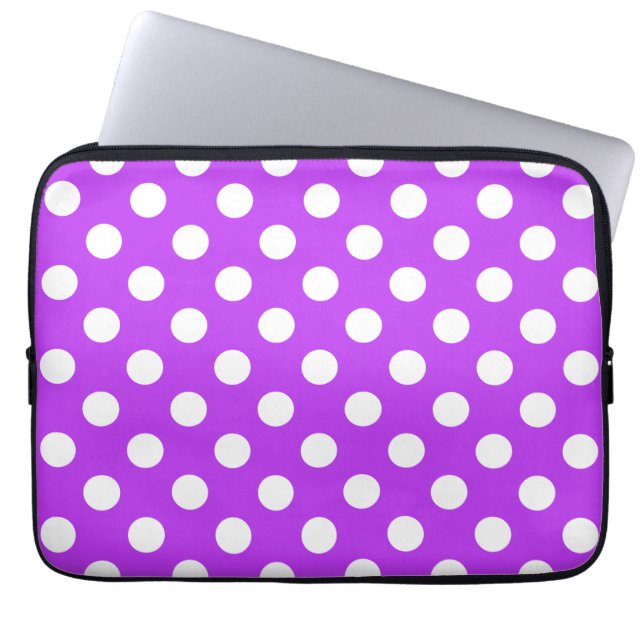Witte polka-stippen op helder paars laptop sleeve (Voorkant)