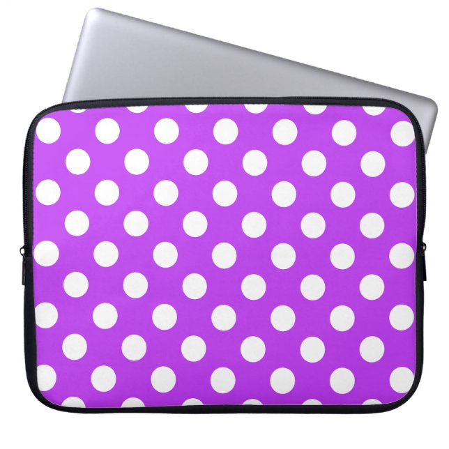 Witte polka-stippen op helder paars laptop sleeve (Voorkant)