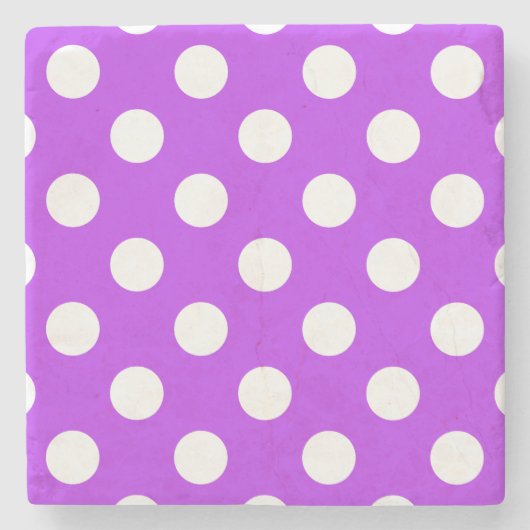 Witte polka-stippen op helder paars stenen onderzetter (Voorkant)
