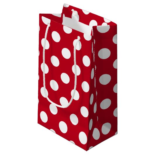 Witte polka stippen op rood klein cadeauzakje (Voorkant Gekanteld)