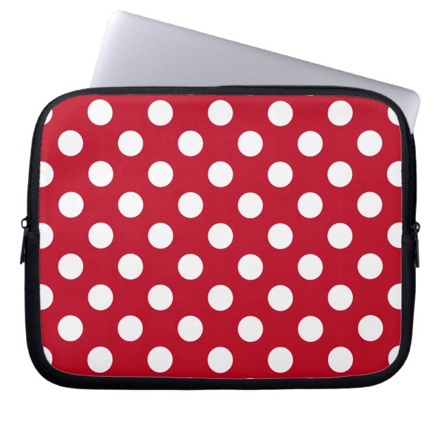 Witte polka stippen op rood laptop sleeve (Voorkant)
