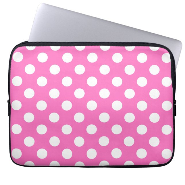 Witte polka stippen op roze laptop sleeve (Voorkant)