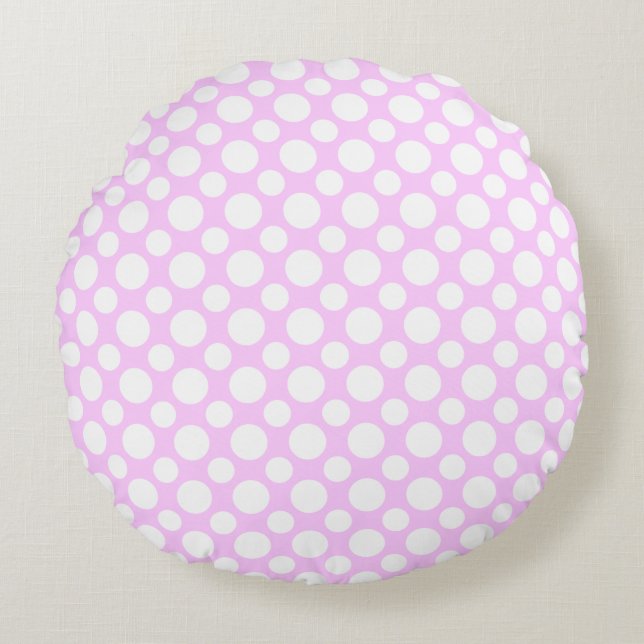 Witte polka stippen op roze ronde kussen (Voorkant)