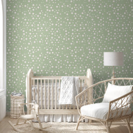 Witte Polka stippen op Sage Groen Behang