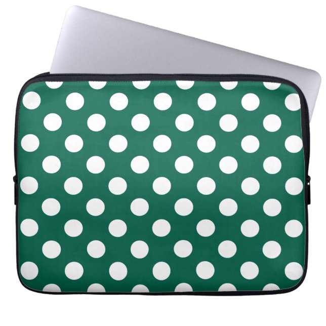 Witte polka-stippen op zonegroen laptop sleeve (Voorkant)