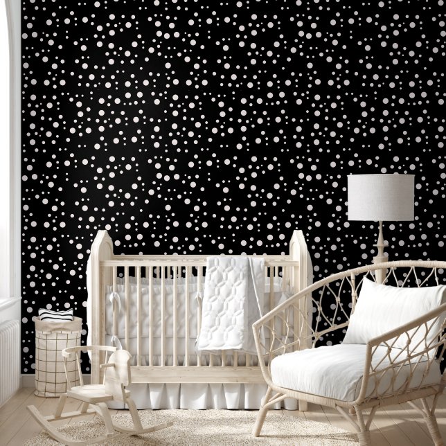 Witte polka stippen op zwart - retro textuur behang (Kinderen)