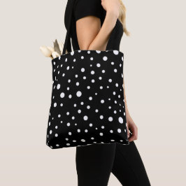Witte polka stippen op zwarte tote bag