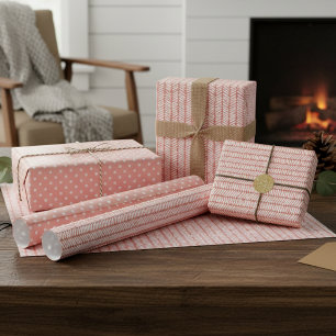 Witte polka stippen strepen perzik blush roze mauv inpakpapier vel