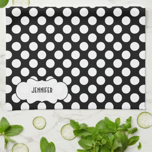 Witte Polkadot op zwarte achtergrond 2 Theedoek (Gevouwen)
