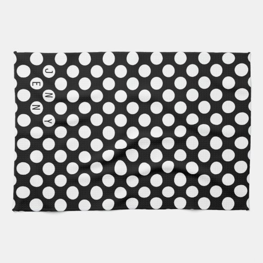 Witte Polkadot op zwarte achtergrond Theedoek (Horizontaal)