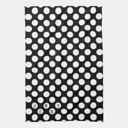 Witte Polkadot op zwarte achtergrond Theedoek (Verticaal)