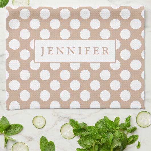 Witte Polkadot over bruine achtergrond Theedoek (Gevouwen)