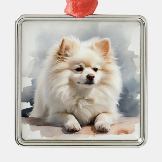  WITTE POMERAANSE PUPPYHOND METALEN ORNAMENT (Voorkant)