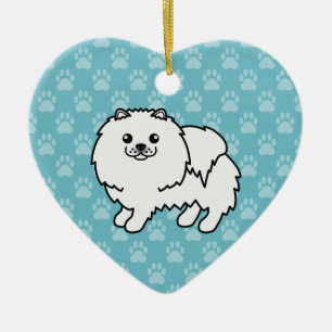 Witte Pomeranian Hond Cartoon Illustratie Op Blauw Keramisch Ornament