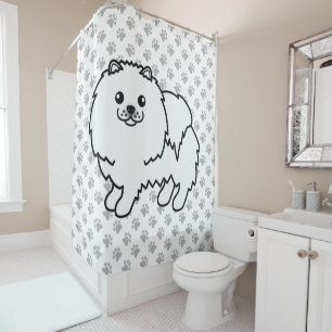 Witte Pomeranian Mooie Cartoon Hond & Pootjes Douchegordijn