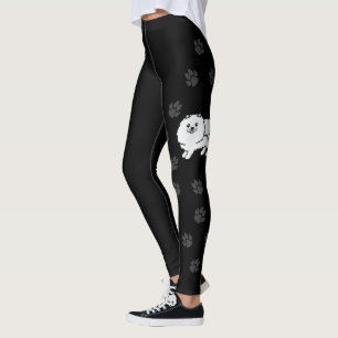 Witte Pomeranian Schattige Cartoon Hond Met Pootje Leggings