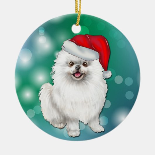Witte pommeraanse hond Red Santa Hat Kerstmis Keramisch Ornament (Voorkant)