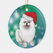 Witte pommeraanse hond Red Santa Hat Kerstmis Keramisch Ornament (Links)